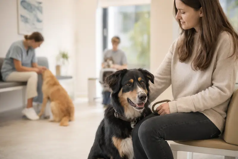 Ein Germanischer Bärenhund sitzt ruhig neben seinem Besitzer im hellen Wartezimmer einer modernen Tierarztpraxis.